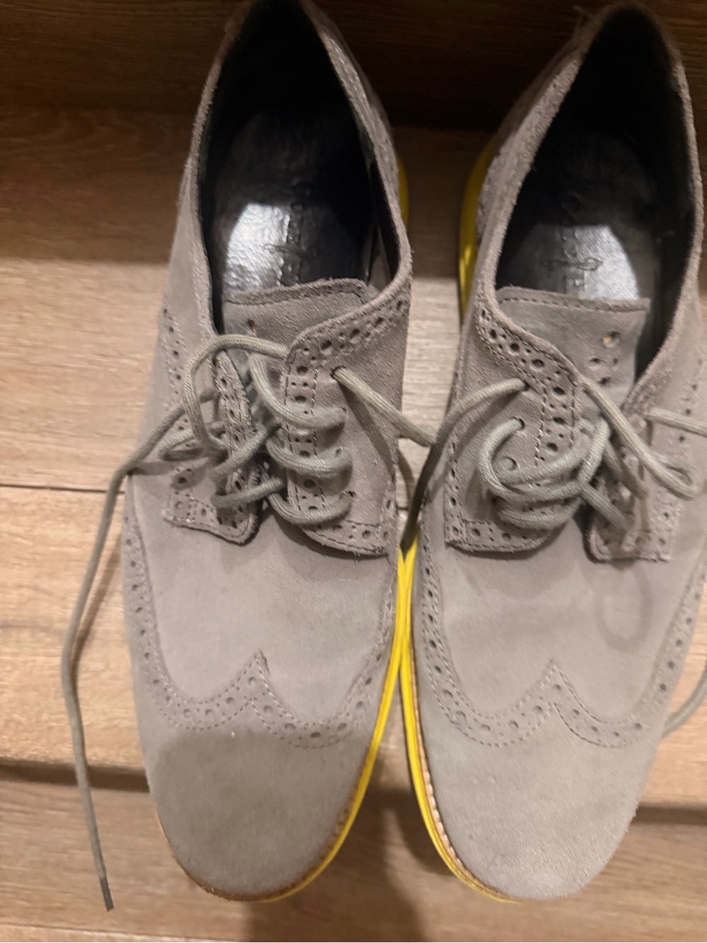 Cole Haan Grey Suede Wingtip Oxfords with Yellow Sole